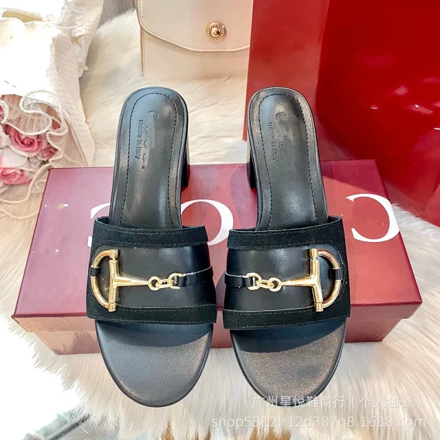 Unbranded High Heels Open-Toe Block-Heel Mule Sandals with Metal Horsebit Detail product detail image 6