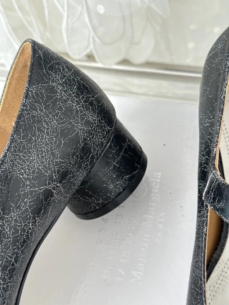 Black Mary Jane Block Heel Leather Shoes - 37