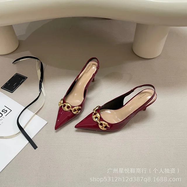 Unbranded High Heels Pointed-Toe Slingback Pumps with Gold Chain Detail product detail image 5