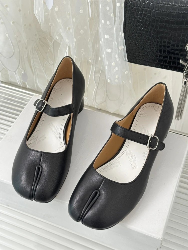 Black Mary Jane Block Heel Leather Shoes - 5