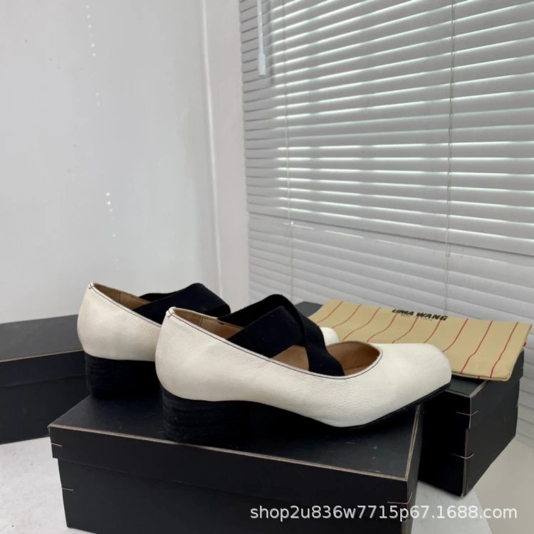 UMA WANG Square-Toe Mary Jane Heels Beige Leather Shoes - 22