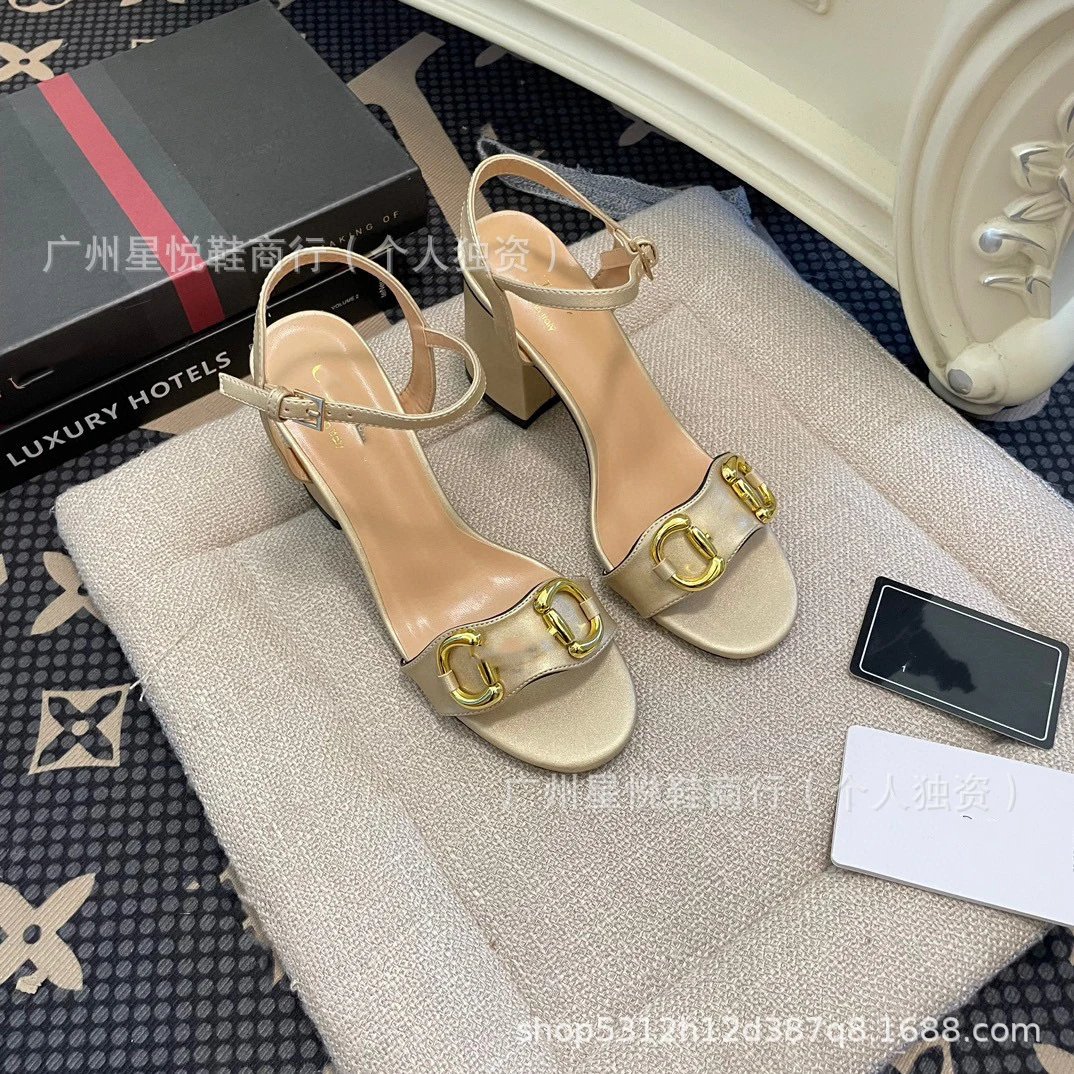 Gucci Horsebit Sandals Black Gold Block Heels - 25