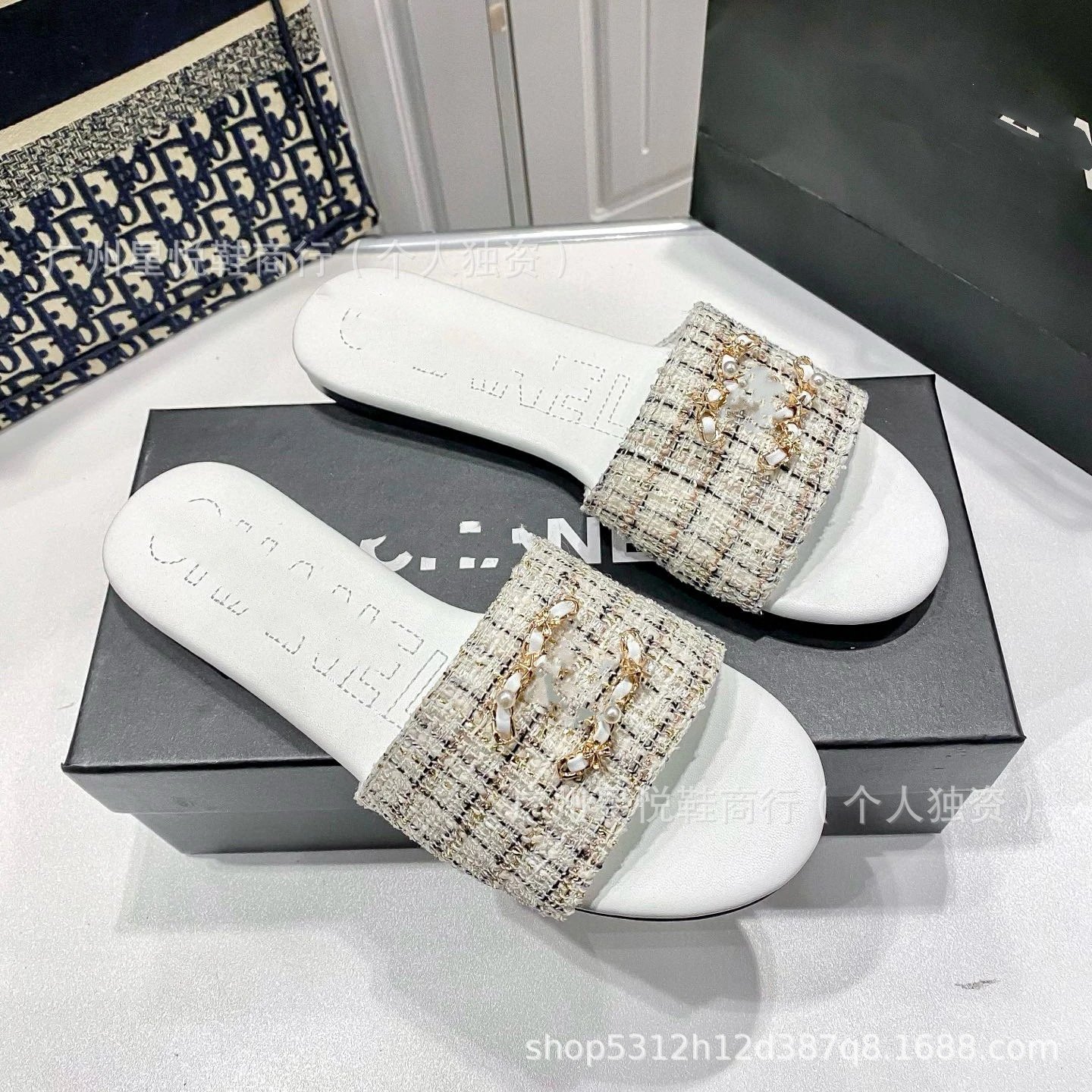 Chanel Slippers Tweed Strap Pearl Chain Slides — knitted white
