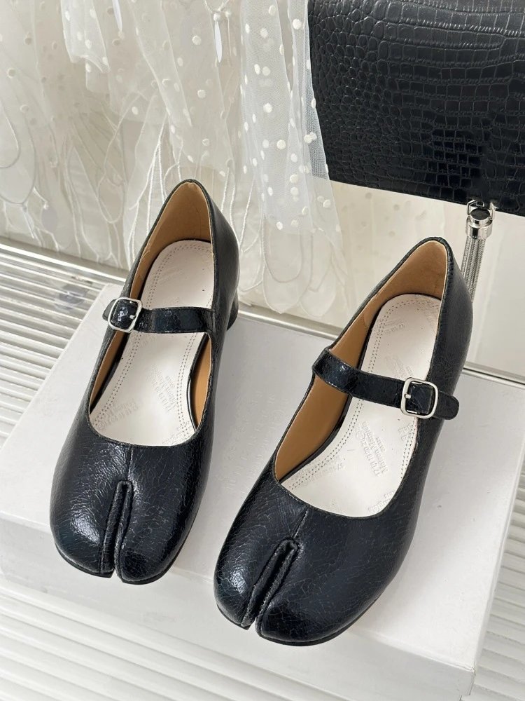 Black Mary Jane Block Heel Leather Shoes - 25