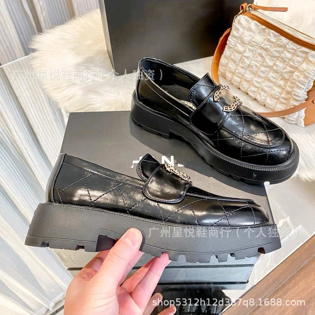 Chanel-inspired Quilted Loafers with CC Logo Buckle Black Leather Loafers - 8