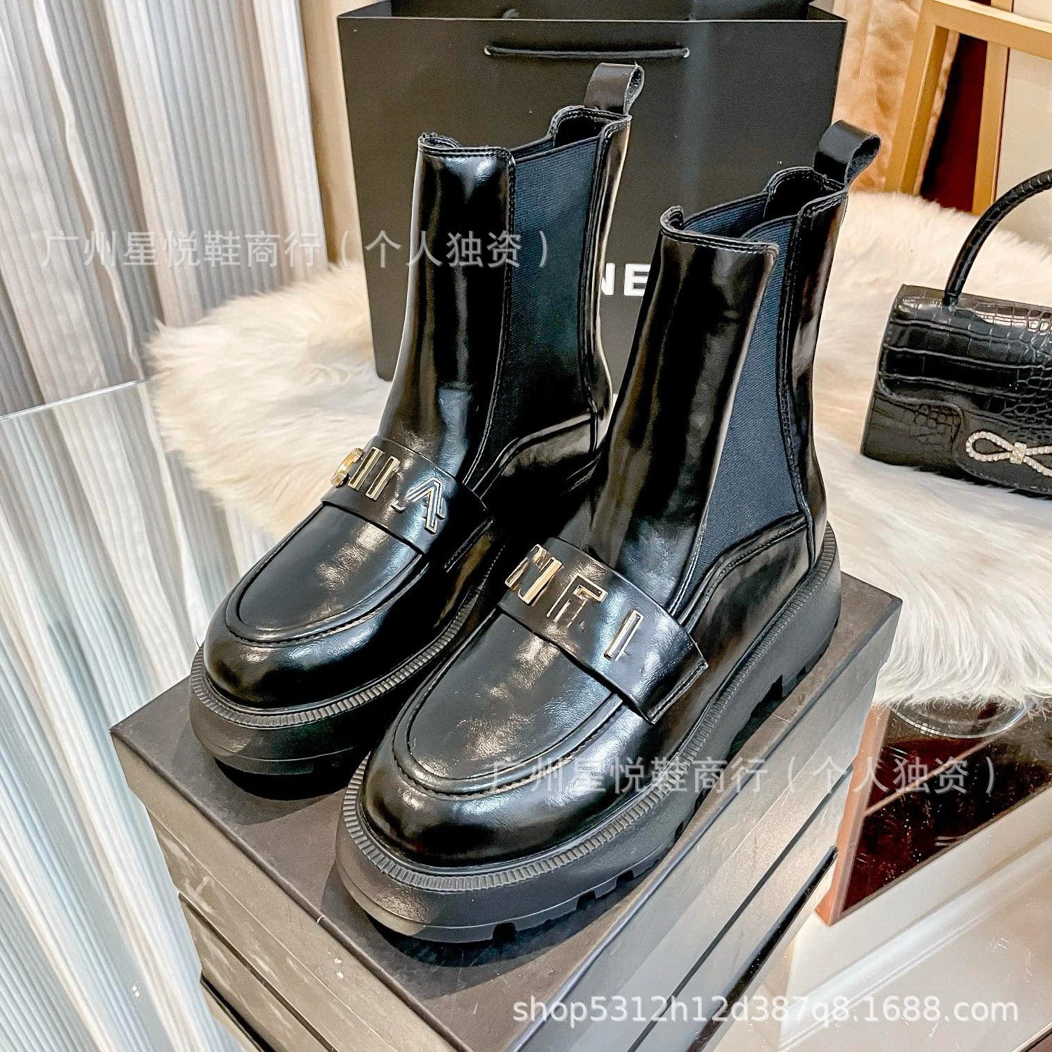 Celine Triomphe Chelsea Boots Black Patent Leather Boots - 10