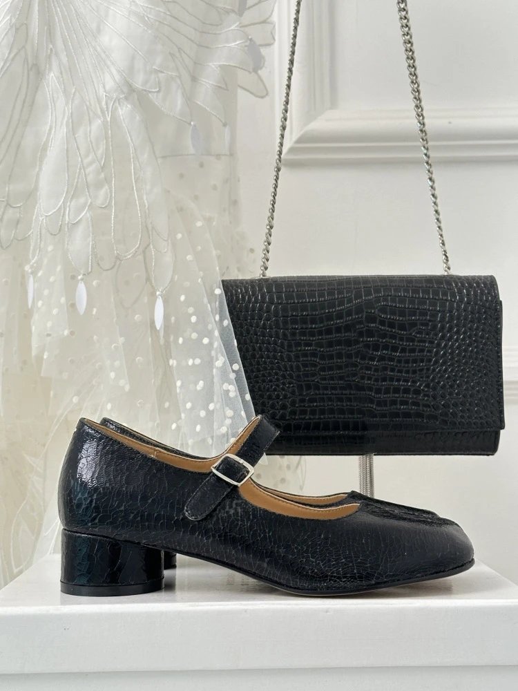 Black Mary Jane Block Heel Leather Shoes - 24