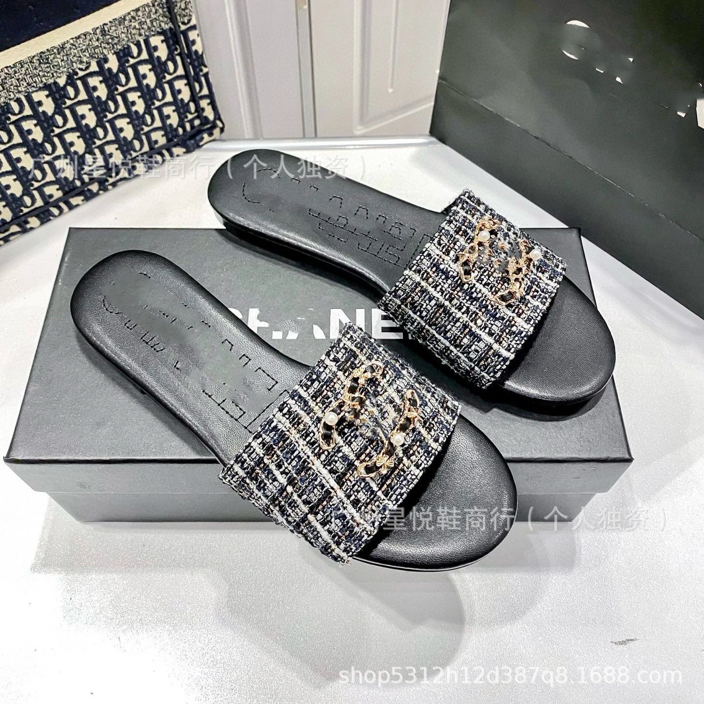 Chanel Slippers Tweed Strap Pearl Chain Slides — Knitted black