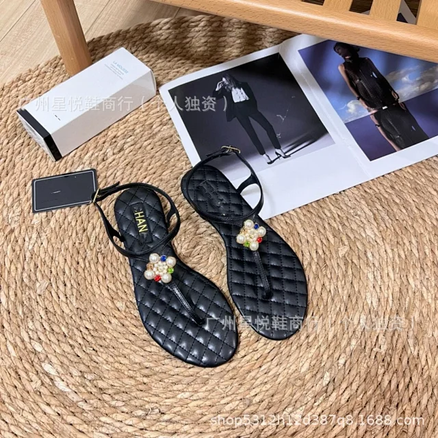 Unbranded Sandals Ankle-Strap Thong with Quilted Footbed and Pearl Flower Embellishment product detail image 8