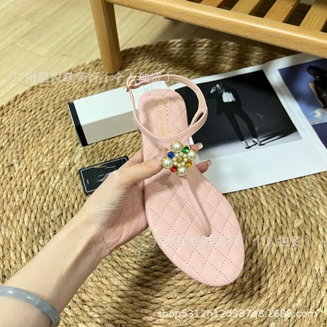 Unbranded Sandals Ankle-Strap Thong with Quilted Footbed and Pearl Flower Embellishment product detail image 13