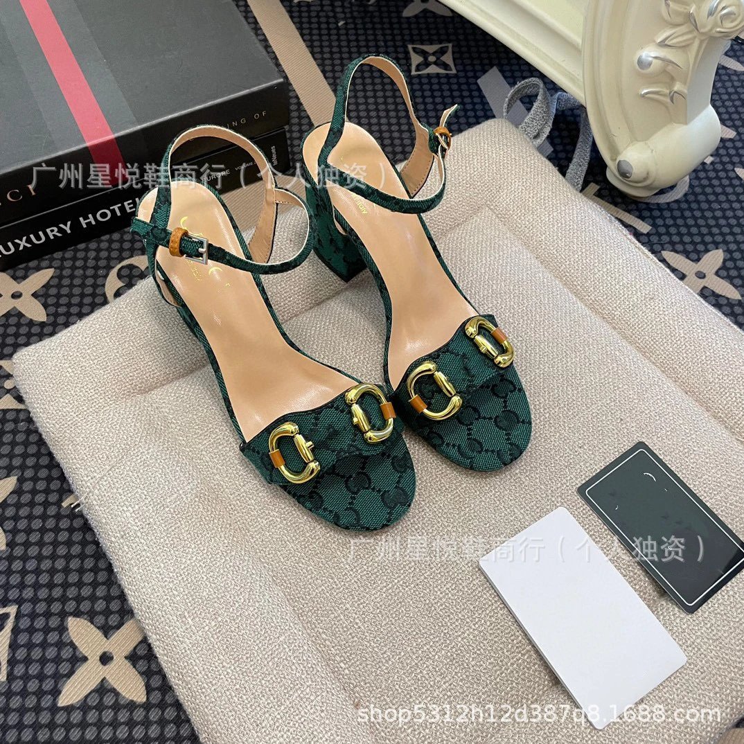 Gucci Horsebit Sandals Black Gold Block Heels - 22