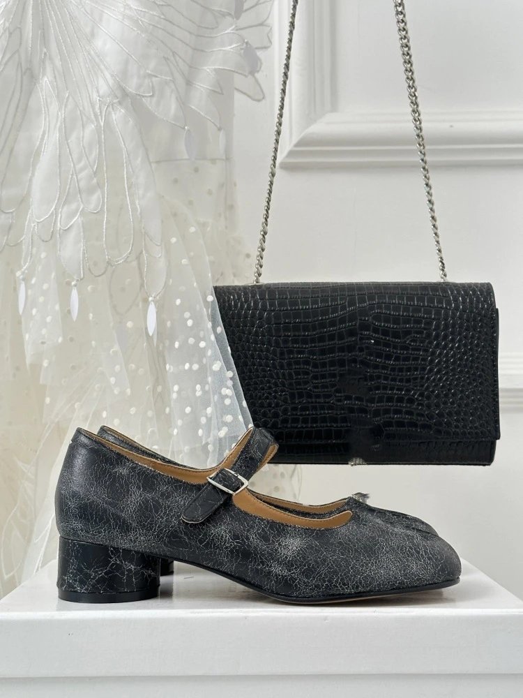 Black Mary Jane Block Heel Leather Shoes - 33