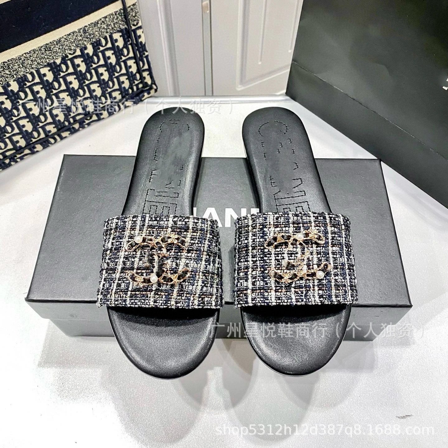 Chanel Slippers Tweed Strap Pearl Chain Slides image 2