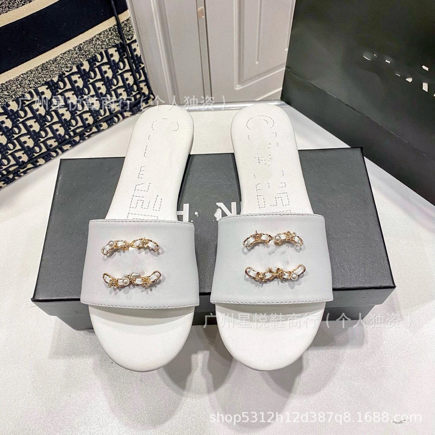 Chanel Slippers Tweed Strap Pearl Chain Slides image 3