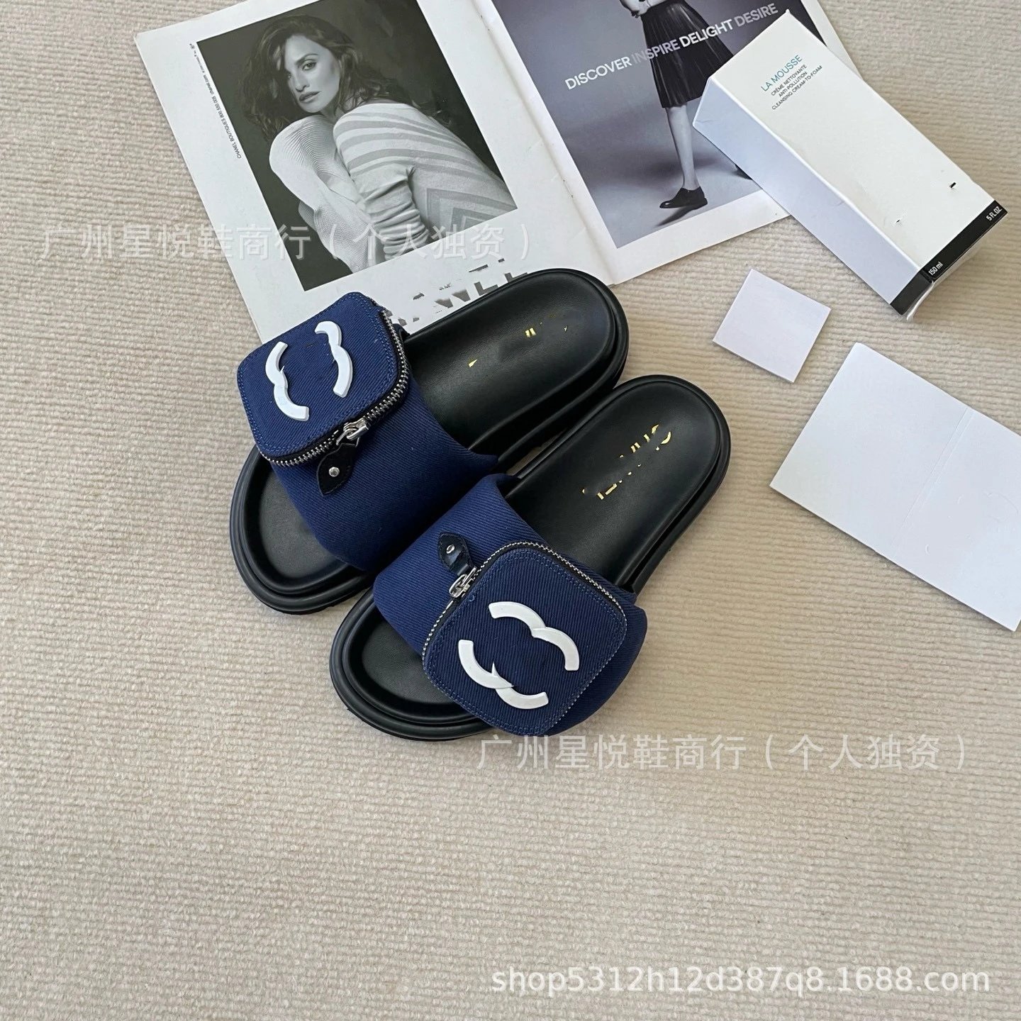 Chanel Denim Logo Slider Sandals Black - 10