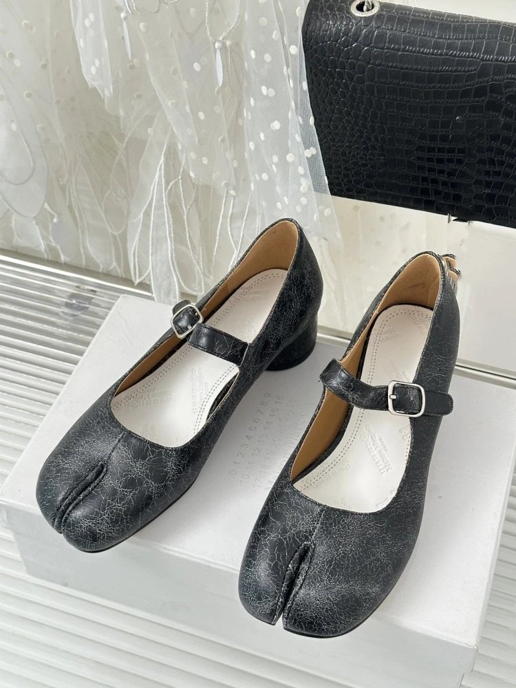Black Mary Jane Block Heel Leather Shoes - 34