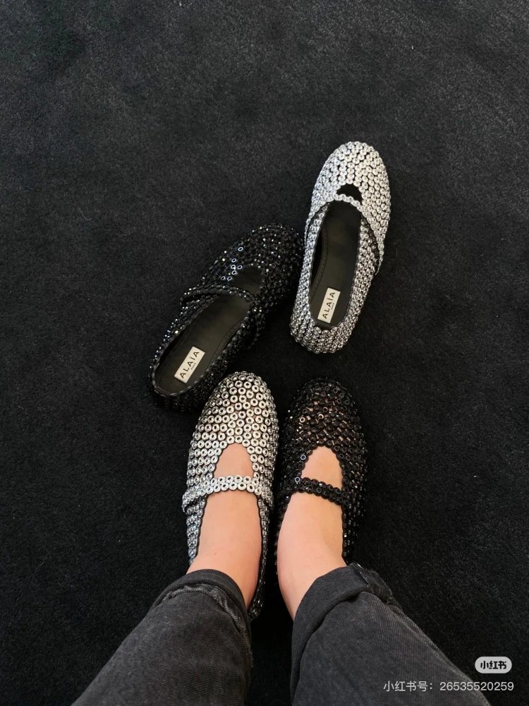 ALA Mary Jane Loafers Black Sequin Embellished Shoes - 4