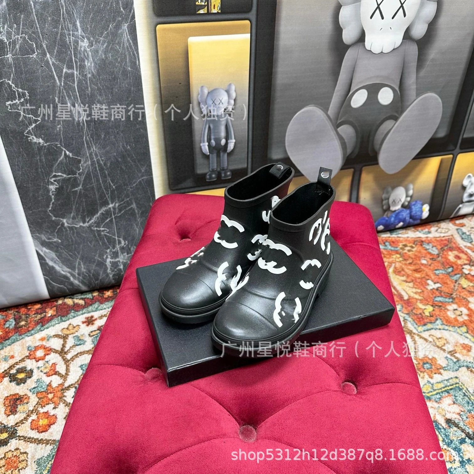 Chanel Rain Boots Black with White CC Logo Print Ankle Boots - 5