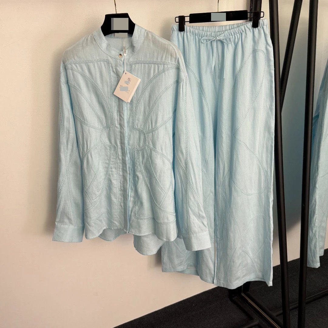 Design Linen-Blend Embroidered Green Set: Shirt and Wide-Leg Pants - 6