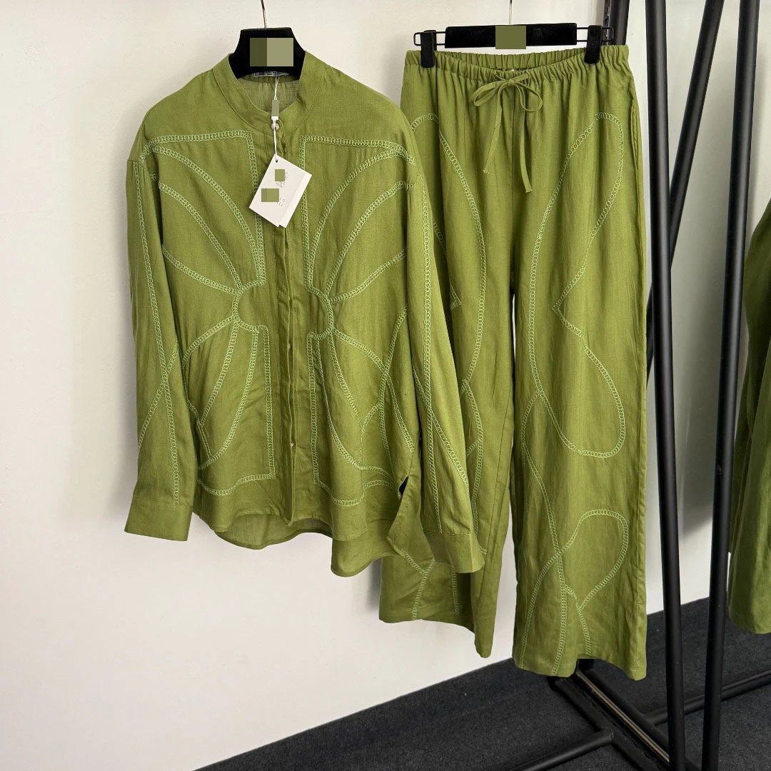 Design Linen-Blend Embroidered Green Set: Shirt and Wide-Leg Pants - 7