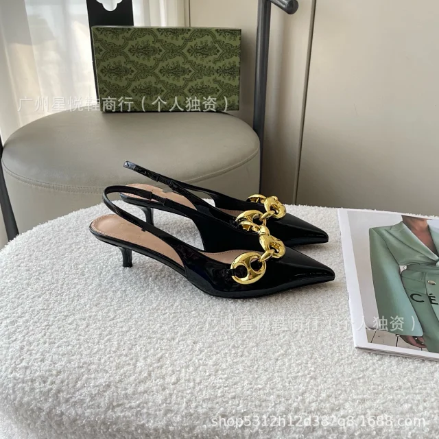 Unbranded High Heels Pointed-Toe Slingback Kitten with Gold Chain Detail product detail image 1