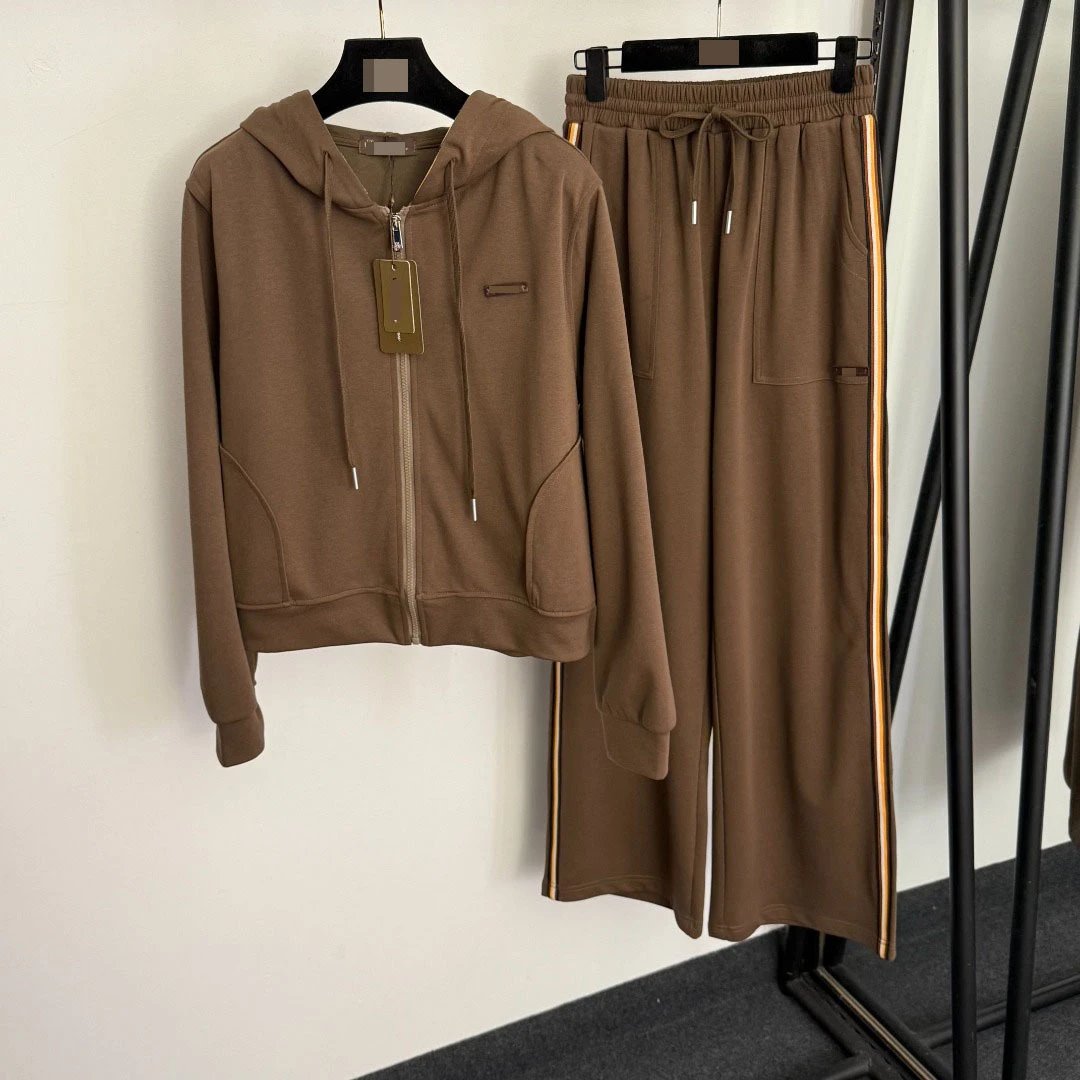 Design Cropped Hoodie and Side-Stripe Sweatpants Set Beige Tracksuit - 5