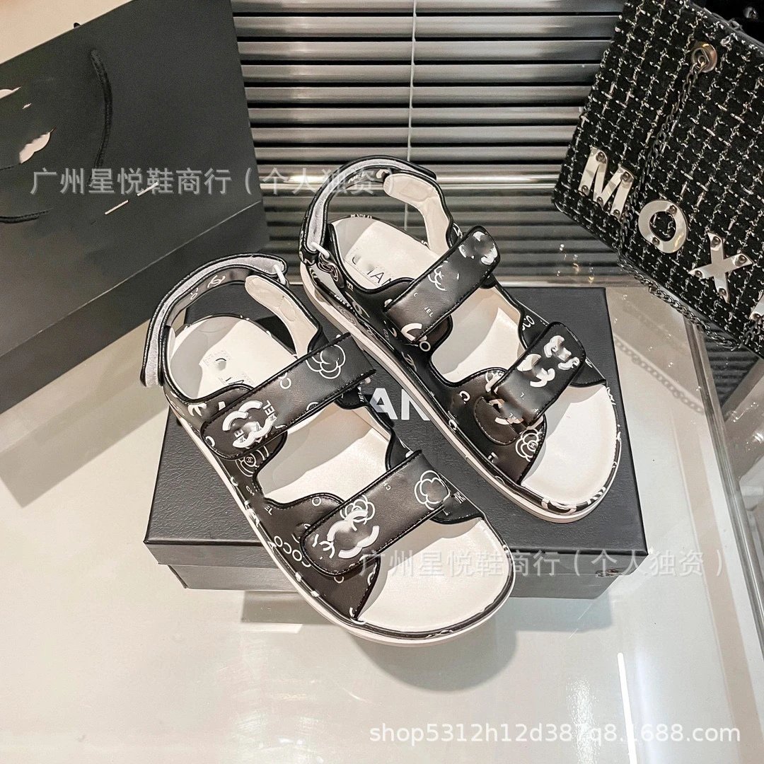 Chanel CC Logo Print White Sandals with Black Sole - 10