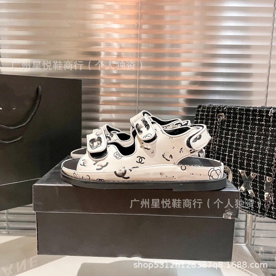 Chanel CC Logo Print White Sandals with Black Sole - 18