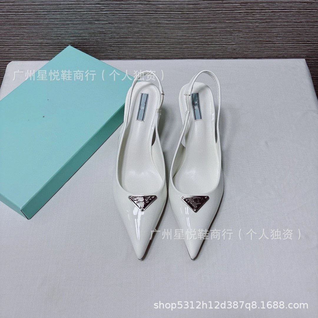 Prada Triangle Logo Patent Leather Slingback Stilettos Black Heels - 13