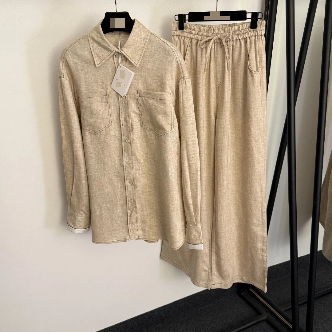 Design Linen-Blend Shirt and Wide-Leg Pants Set Beige Casual Set - 5