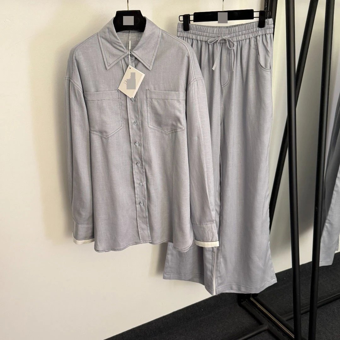 Design Linen-Blend Shirt and Wide-Leg Pants Set Beige Casual Set - 7