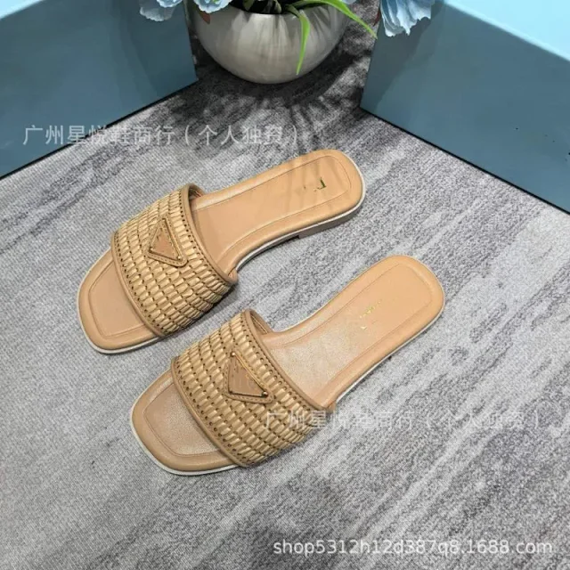 Prada Slippers Woven Strap Triangle Plaque Slide product detail image 6