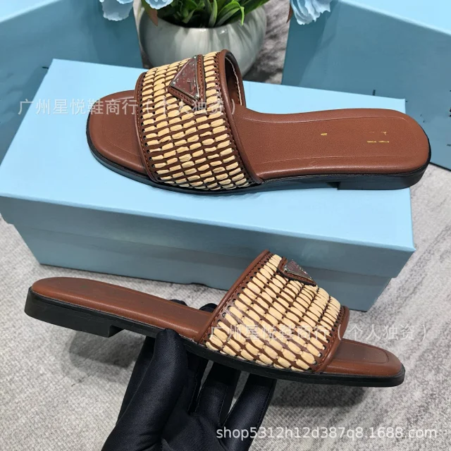 Prada Slippers Woven Strap Triangle Plaque Slide product detail image 9