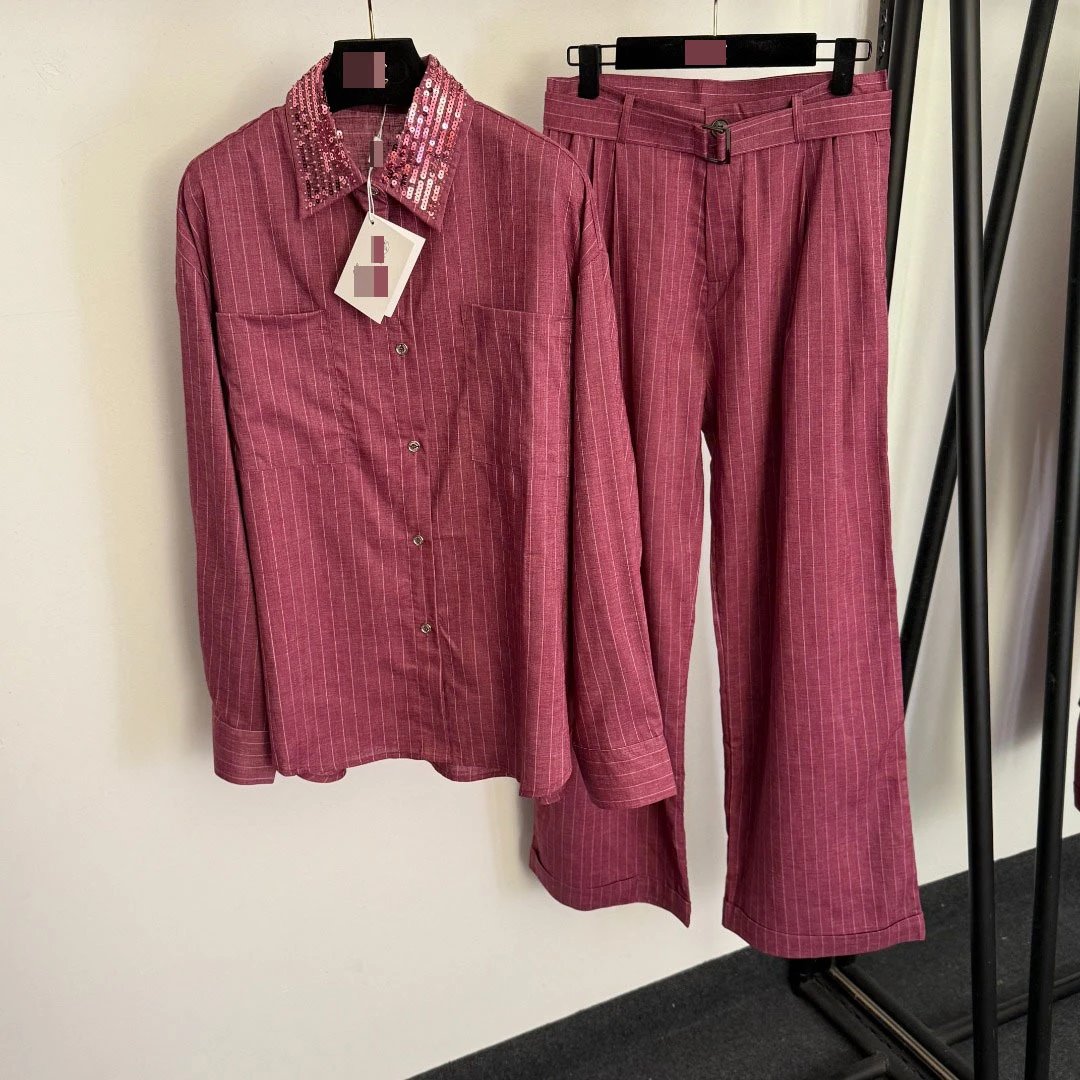 Off-White Sequin Collar Pinstripe Shirt and Trousers Set Gray - 5