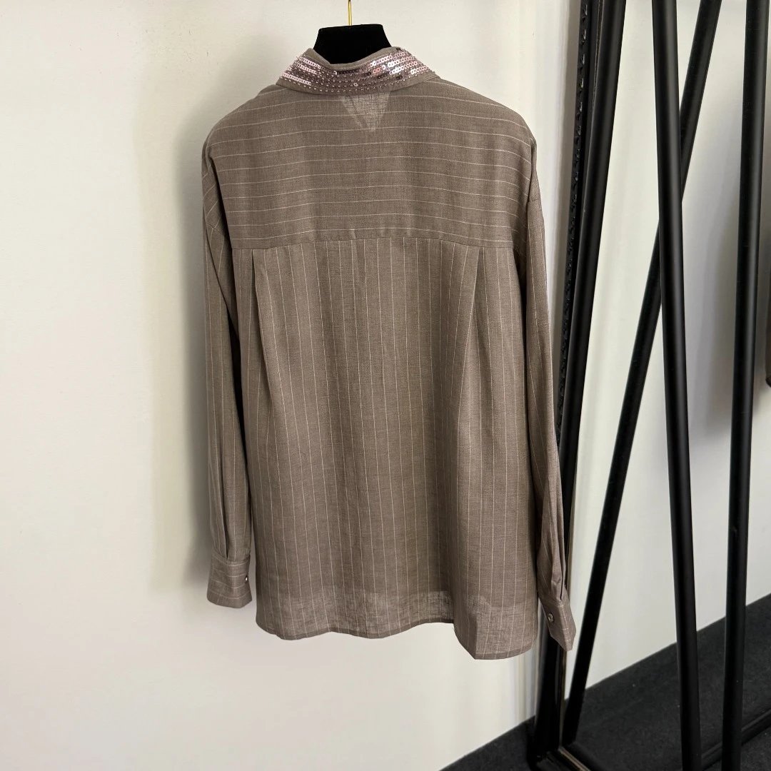 Off-White Sequin Collar Pinstripe Shirt and Trousers Set Gray - 8