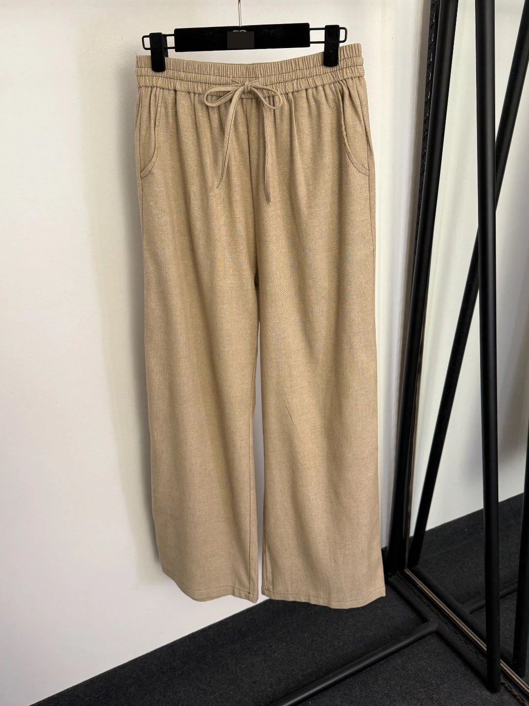 Design Textured Knit Jacket and Wide-Leg Pants Set Beige Casual Set - 9