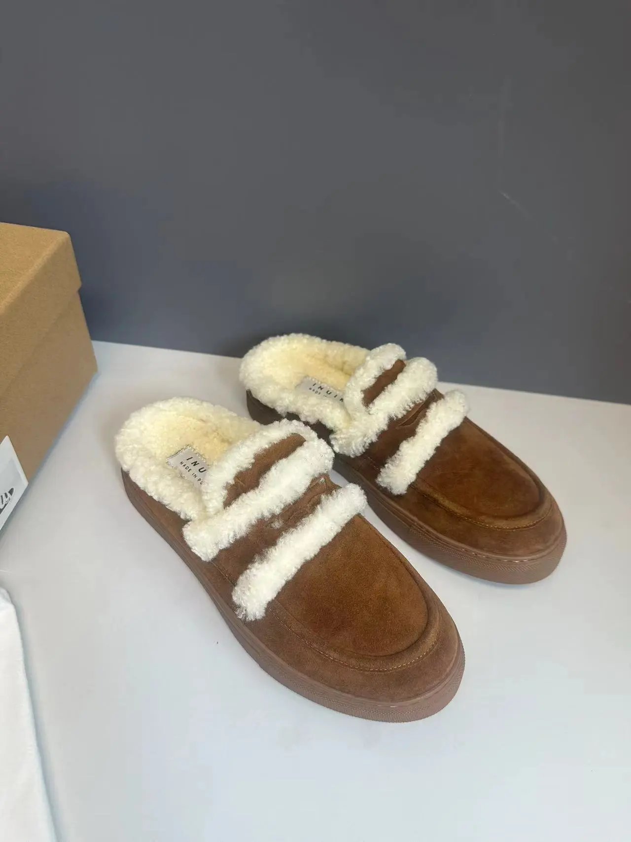 UGG Fluff Slide Sneaker Brown Shearling Slip-On Shoes - 14