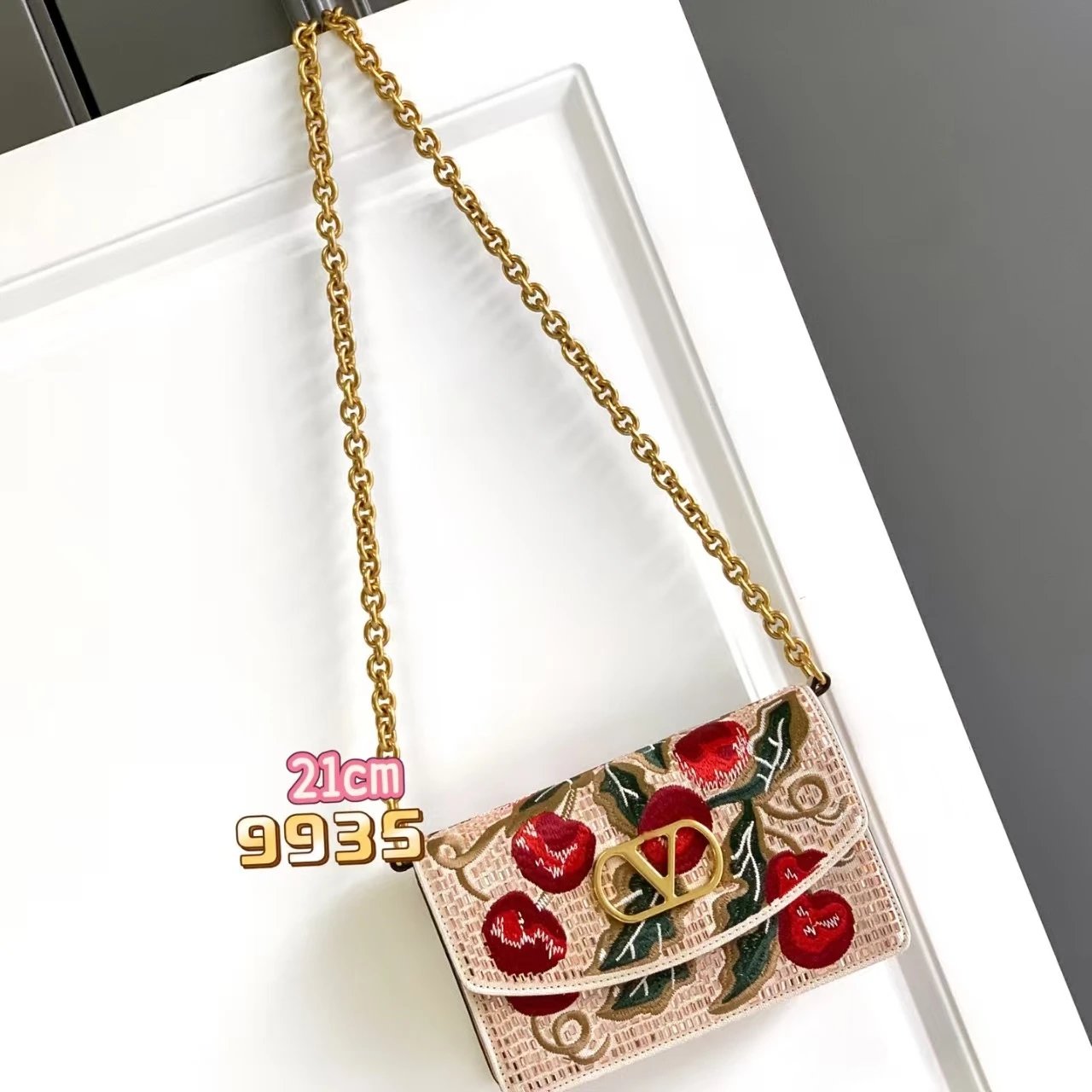 Valentino Garavani VLogo Cherry Embroidered Chain Bag Beige - 4