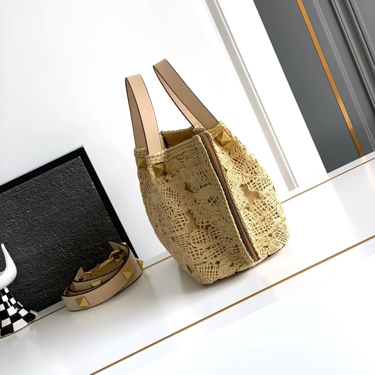 Valentino Garavani Roman Stud Lace Tote Bag Beige Handbag - 6