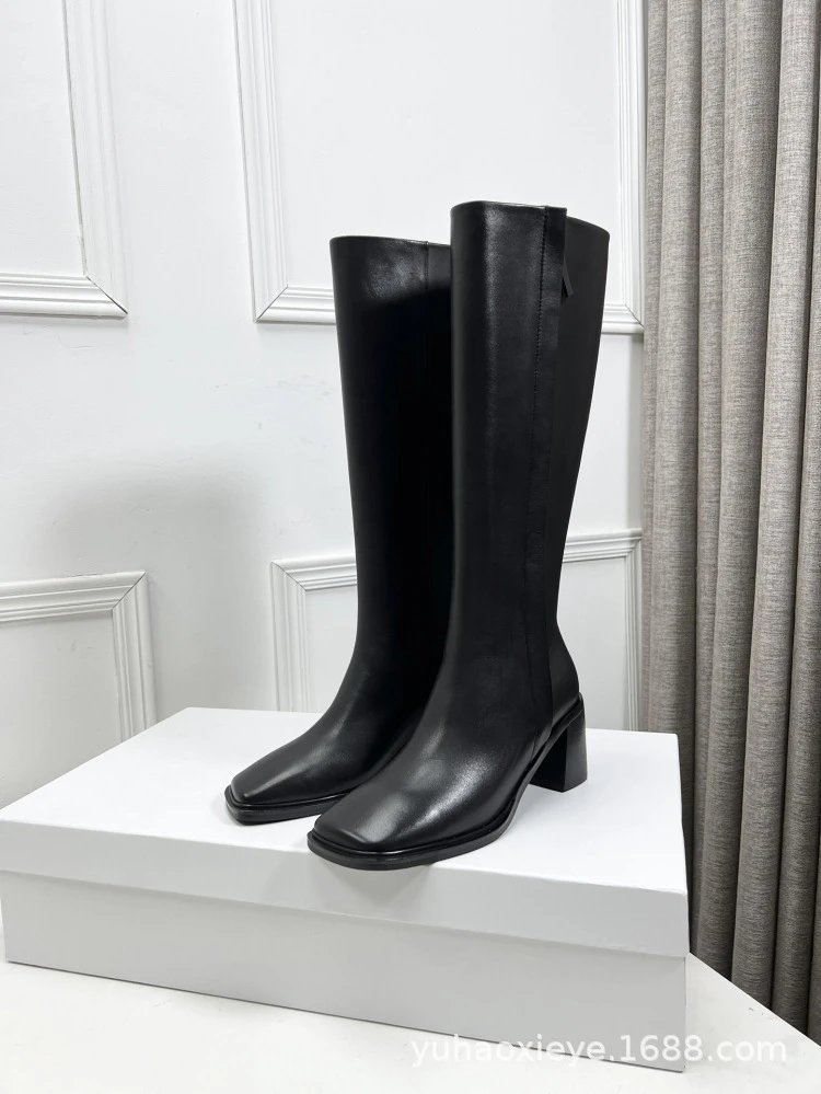 Black Square-Toe Knee-High Block Heel Boots - 10
