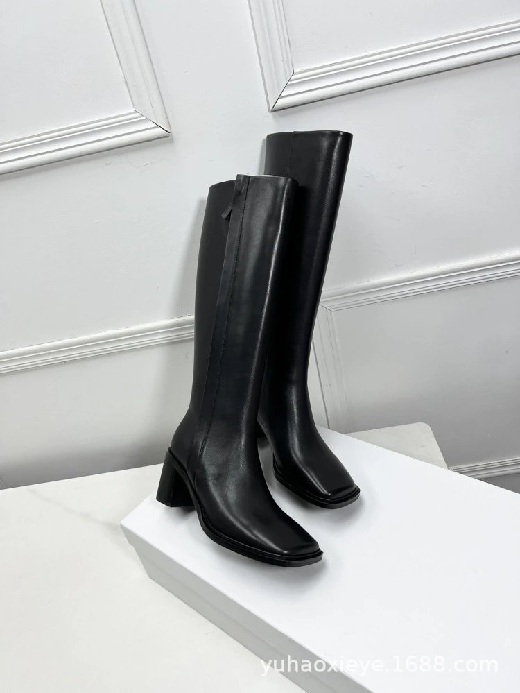 Black Square-Toe Knee-High Block Heel Boots - 13