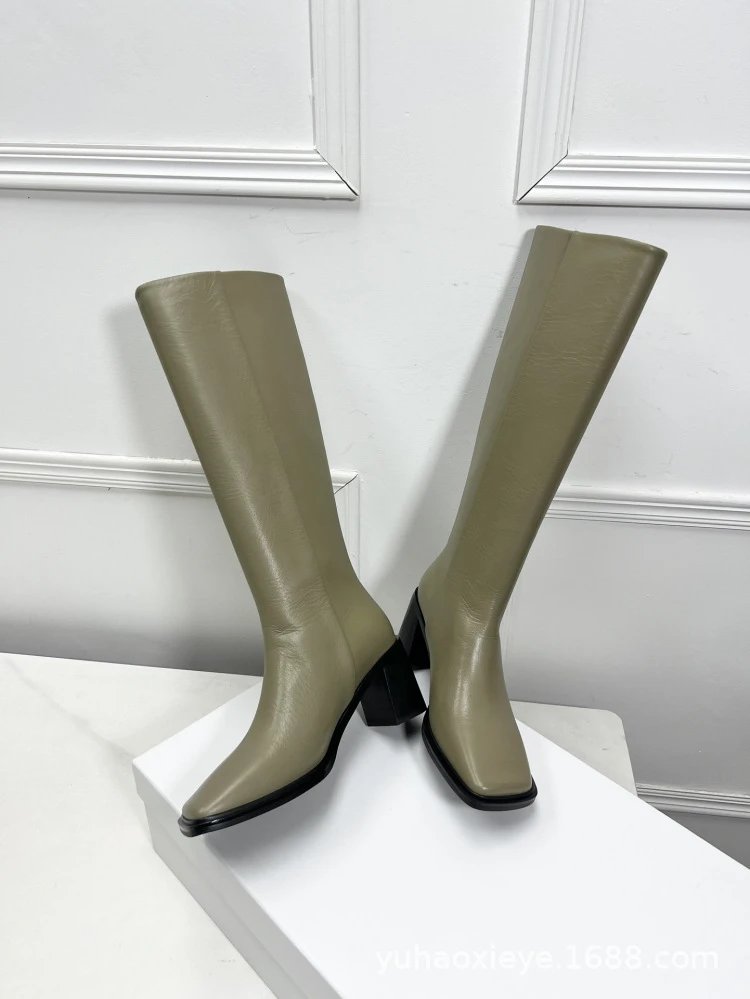 Black Square-Toe Knee-High Block Heel Boots - 23