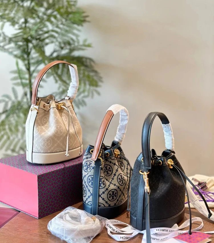 Tory Burch Miller Bucket Bag Beige Brown Monogram Handbag - 4