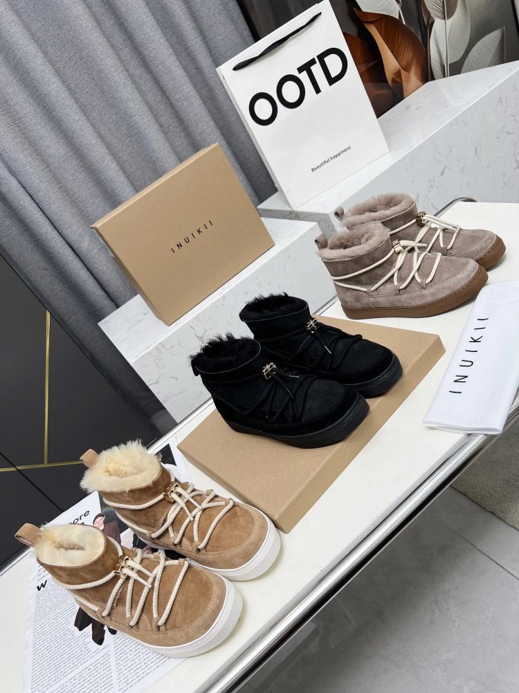 INU IKII Snow Boots Beige Suede With Shearling Lining and Rope Lace Detail - 2