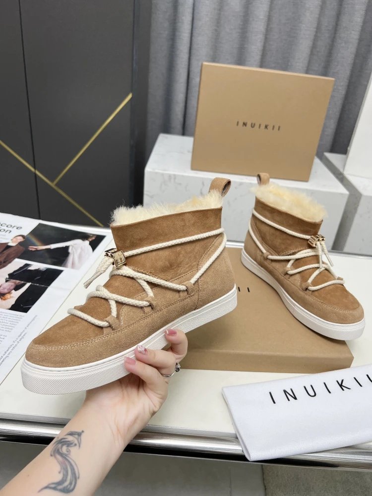 INU IKII Snow Boots Beige Suede With Shearling Lining and Rope Lace Detail - 9