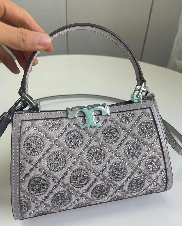 Tory Burch Miller Mini Top-Handle Bag Navy Blue and Beige Jacquard Handbag - 13