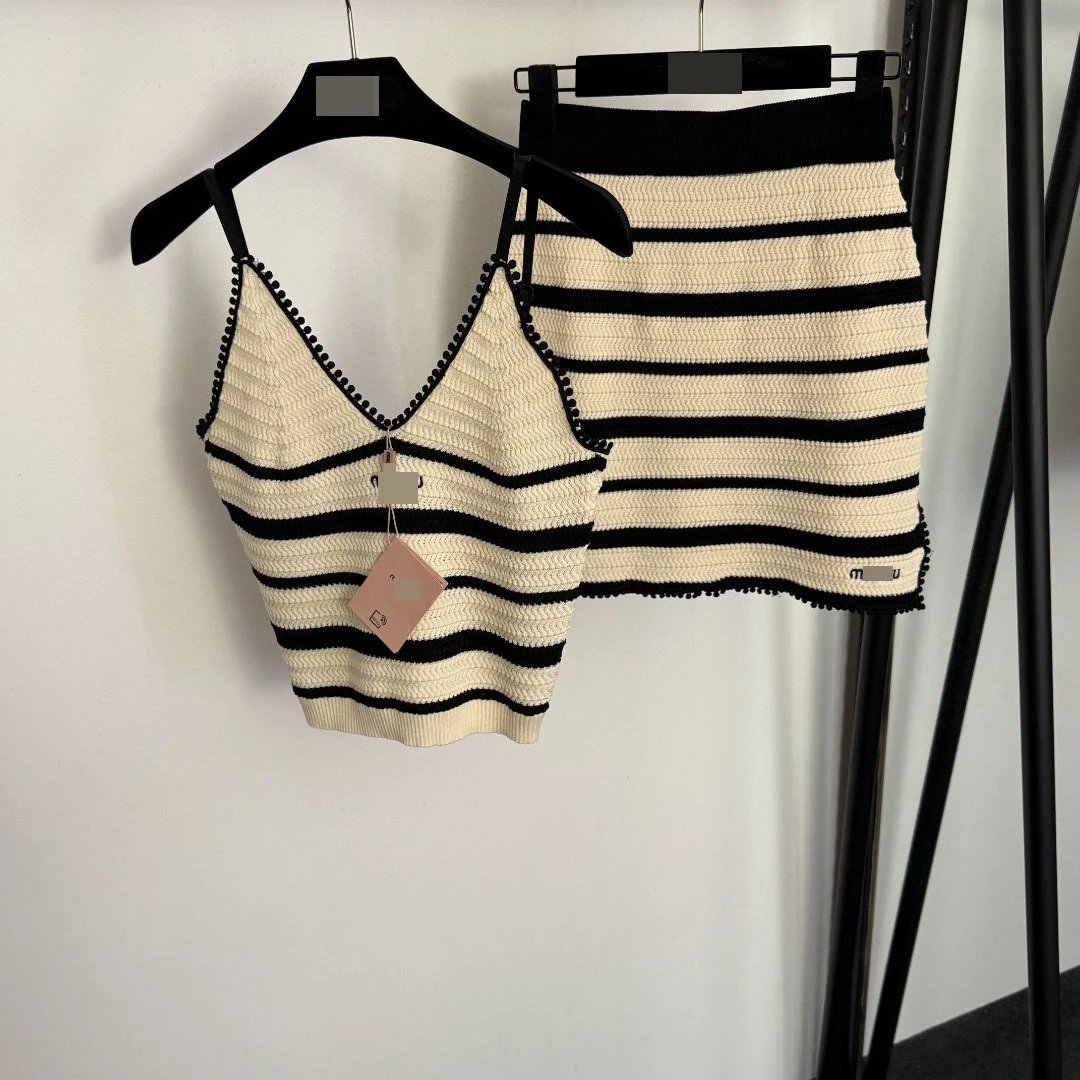Striped Knit Mini Skirt in Black and Beige - 4