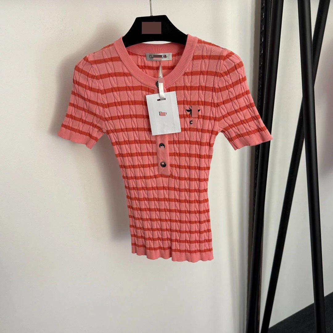Dior CD Icon Knit Stripe Pink Coral Short-Sleeve Top
