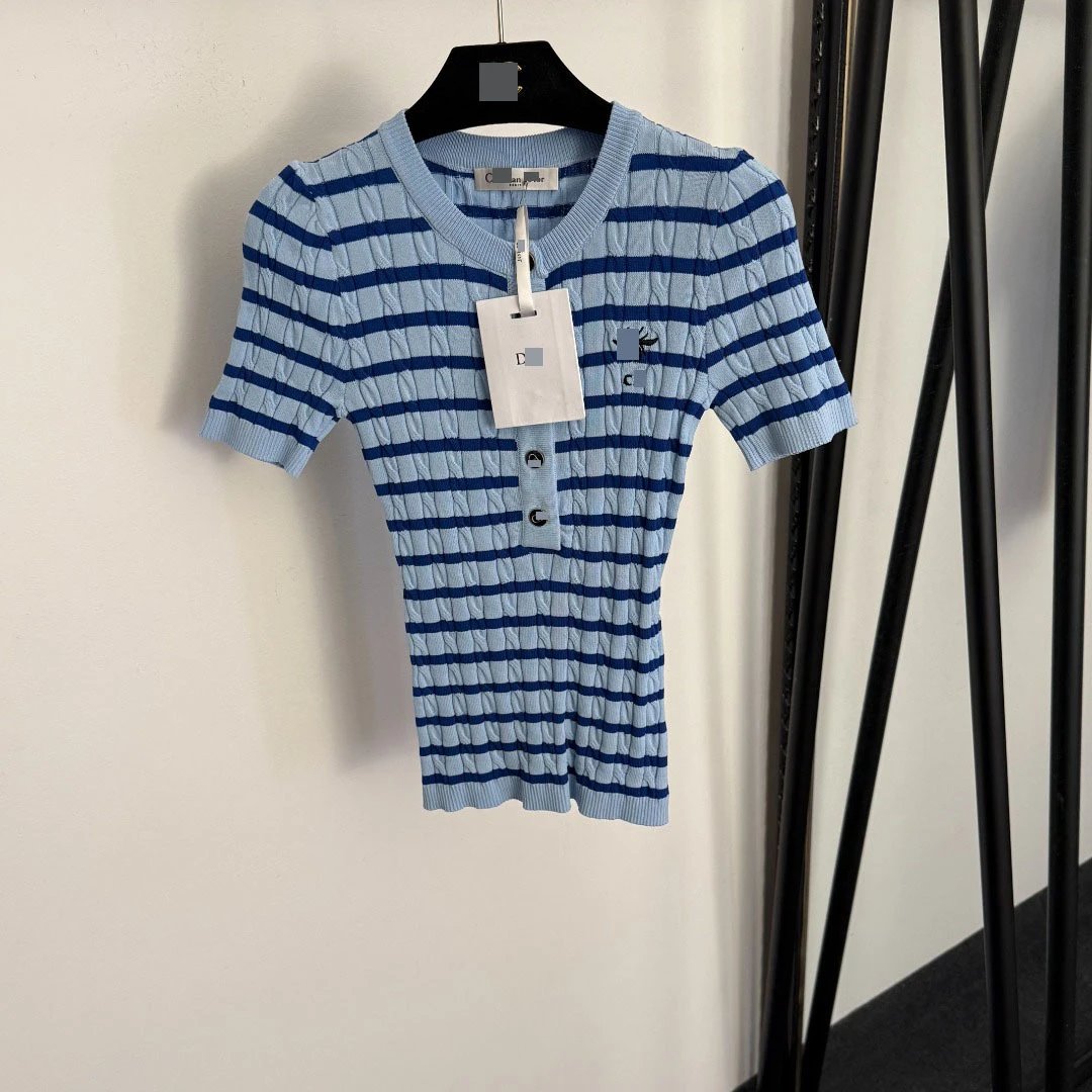 Dior Cruise Knit Striped Henley Top in Sky Blue and Navy