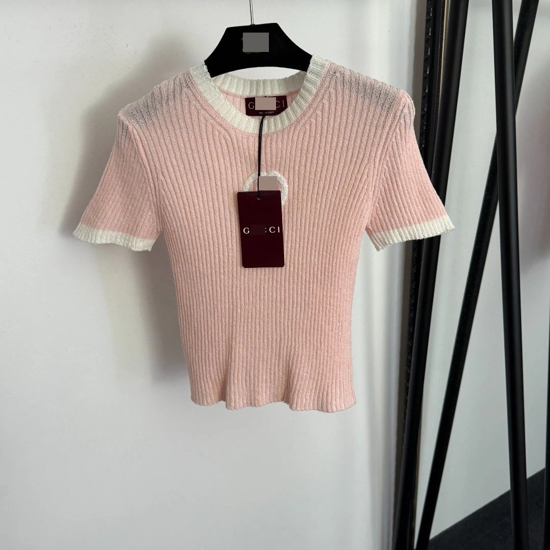 Gucci Ribbed Knit Short-Sleeve Top Pink with Cream Trim - 6